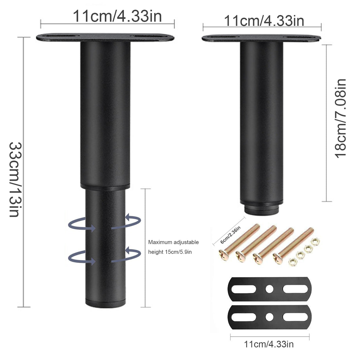 FANEASON Adjustable Bed Support Legs 2 Pack, 18–33 cm Height Adjustable Steel Furniture Legs with Mounting Plates and Non-Slip Feet